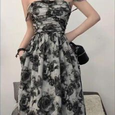 批发已出货水墨玫瑰吊带连衣裙女夏季甜辣中<b class='q'>长款</b>裙子<b class='q'>开衫</b>两件套