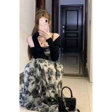 批发已出货水墨玫瑰吊带连衣裙女夏季甜辣中<b class='q'>长款</b>裙子<b class='q'>开衫</b>两件套