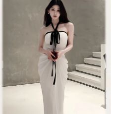 批发已出货拼接性感挂脖抹胸<b class='q'>礼服</b>裙女春夏白色长裙宴会晚<b class='q'>礼服</b>