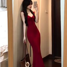 批发已出货辣妹风红色荷叶边吊带度假<b class='q'>连衣裙</b>巨好看掐腰<b class='q'>包臀</b>长裙26夏