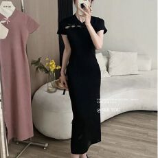 批发已出货中式立领<b class='q'>旗袍</b>短袖连衣裙优雅法式夏季新款显瘦中长裙