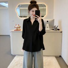 批发已出货夏季黑色翻领<b class='q'>七分袖</b>衬衫2026新款显瘦宽松时尚洋气上衣