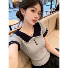 批发已出货 甜美漂亮花边娃娃领短袖t恤女夏季新款学院风针织衫上衣