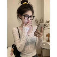 批发已出货 韩系蝴蝶结波点纯欲微透长袖t恤女<b class='q'>打底衫</b>上衣