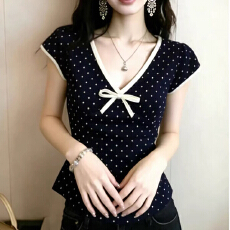 已出货 法式甜美风蝴蝶结波点撞色V领短袖t恤女2026夏季新款独特