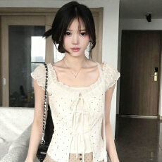 批发已出货 奶油杏语miu系波点短袖t恤女夏季花边修身小衫甜美温