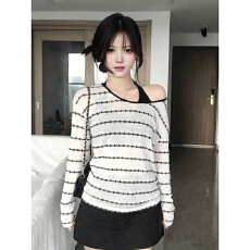 批发已出货 条纹防晒罩衫女夏薄款宽松挂脖吊带<b class='q'>长袖</b><b class='q'>t</b><b class='q'>恤</b>两件套装上衣