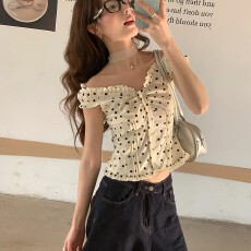 批发已出货法式复古波点上衣短袖女款花边显瘦减龄气质<b class='q'>衬衫</b>