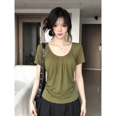 批发已出货韩系褶皱U领<b class='q'>短袖</b><b class='q'>T</b><b class='q'>恤</b>夏收褶辣妹修身显瘦上衣