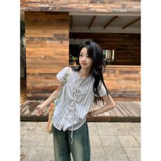 批发已出货韩系条纹短袖<b class='q'>衬衫</b>女夏季花边袖系带<b class='q'>衬衣</b>宽松休闲