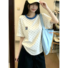 批发已出货设计感波点圆领短袖上衣女