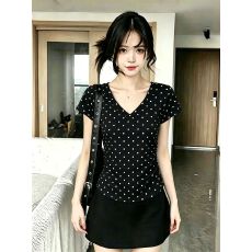 批发已出货修身V领短款短袖T恤上衣女夏季新款<b class='q'>甜美</b>波点显瘦百搭