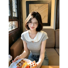 批发已出货韩系白色波点娃娃领短袖t恤女夏季