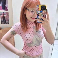 批发多巴胺辣妹短袖T恤女夏季新款设计粉底波点小猫印花修