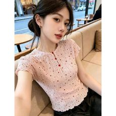 批发已出货波点正肩短袖t恤女夏季新款减龄显瘦修短款粉色ins上衣