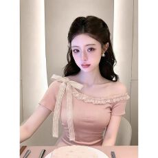 批发已出货粉色斜肩T恤女夏季时尚穿搭<b class='q'>甜美</b>减龄绑带短袖修身显瘦上衣