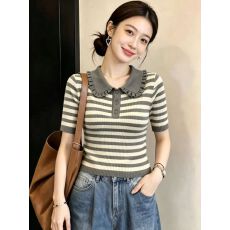 批发已出货S-XXXL<b class='q'>娃娃领</b>条纹薄款冰丝短袖针织衫女