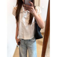 已出货新款甜美慵懒娃娃领双排扣条纹衬衫女宽松显瘦文艺小衫
