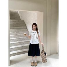 批发已出货蝴蝶结系带<b class='q'>娃娃领</b>短袖衬衫女夏季新款宽松显瘦百搭上衣