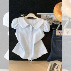 批发已出货夏季<b class='q'>娃娃领</b>蕾丝拼接碎花短袖衬衫甜美小清新上衣收腰小衫