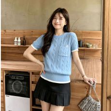 批发已出货麻花肌理感刺绣短袖毛衣女<b class='q'>春</b>夏新款宽松小个子针织上衣