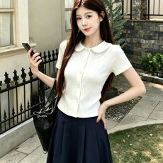 批发已出货<b class='q'>娃娃领</b>正肩短袖<b class='q'>T</b><b class='q'>恤</b>女夏季巨好看的肌理感修身小上衣