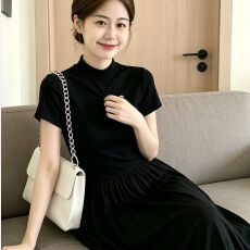 批发已出货深灰色针织短袖连衣裙<b class='q'>春</b>夏新款短袖修身显瘦气质垂感长裙