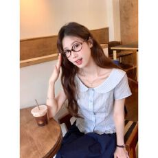 批发已出货<b class='q'>娃娃领</b>衬衫女夏季新款收腰显瘦短款小个子短袖上衣