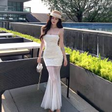 批发已出货吊带<b class='q'>连衣裙</b>女夏季小个子网纱<b class='q'>拼接</b>修身性感包臀鱼尾长裙子