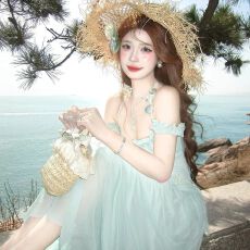 批发已出货海边度假<b class='q'>连衣裙</b>女夏纯欲性感网纱<b class='q'>拼接</b>一字肩抹胸长裙