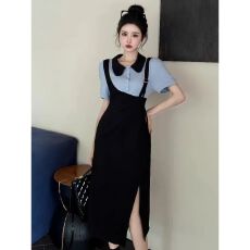 批发已出货时尚简约<b class='q'>大码</b>女装显瘦假两件<b class='q'>连衣裙</b>短袖中长款小黑裙