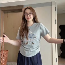 批发已出货大码胖mm美式复古风<b class='q'>卡通</b>字母印花圆领正肩上衣