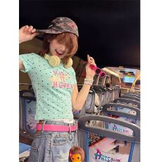 批发已出货大码<b class='q'>胖妹妹</b>辣妹波点字母印花正肩短袖t恤女