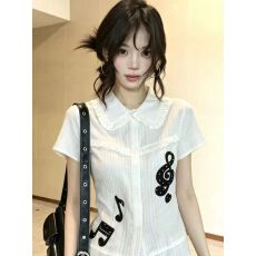 批发音符白色<b class='q'>娃娃领</b>短袖衬衫女夏季修身显瘦荷叶边