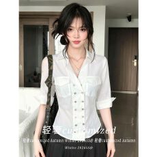 批发已出货<b class='q'>衬衫</b>女双排扣收腰修身翻领<b class='q'>衬衣</b>法式休闲气质<b class='q'>上衣</b>夏季