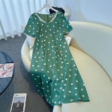 批发130-300斤大码女装港风波点短袖连衣裙夏新款显瘦遮肉复古雪纺裙