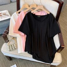 批发130-320斤大码女装胖mm纯色简约短袖T恤夏新款不规则宽松T恤上衣
