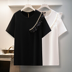 批发130-320斤大码女装拼接网纱T恤2025夏季新款胖MM时尚钉珠短袖上衣