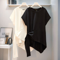 批发130-320斤大码胖mm不规则绑带T恤2025夏季新款微胖mm宽松小众设计