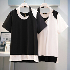 批发130-320斤加大码女装假两件插肩T恤2025夏季新款胖mm镂空拼接上衣