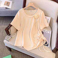 批发120-300斤大码女装胖mmT恤设计感小众抽绳圆领上衣夏季新款