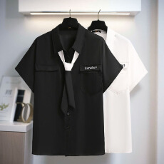 批发130-320斤大码女装Polo领衬衫2025夏季新款微胖mm时尚领带上衣