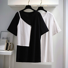 批发130-300斤加大码女装拼接T恤2024夏季新款微胖mm韩版宽松小众上衣