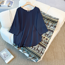 批发130-350斤大码女装胖mm夏季新款黑色半袖T恤满印半身裙慵懒风套装