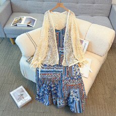 批发130-350斤大码女装胖mm波西米亚风吊带裙针织披肩开衫套装秋新款