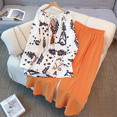 批发130-350斤大码女装胖mm时尚印花衬衫高腰阔腿裤度假风套装秋新款