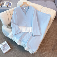 批发130-350斤大码女装胖mm<b class='q'>春</b>秋新款撞色假两件上衣A字半身裙两件套装