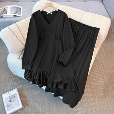 批发130-350斤大码女装胖mm春秋新款极简风黑色荷叶边上衣半身裙套装
