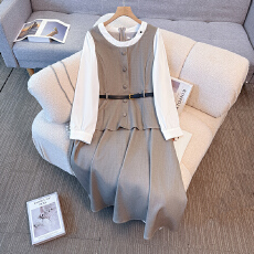 批发130-350斤大码女装胖mm春秋新款韩系气质收腰拼接假两件连衣裙