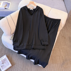 批发130-350斤大码女装胖mm春秋新款慵懒风V领卫衣松紧腰半身裙两件套